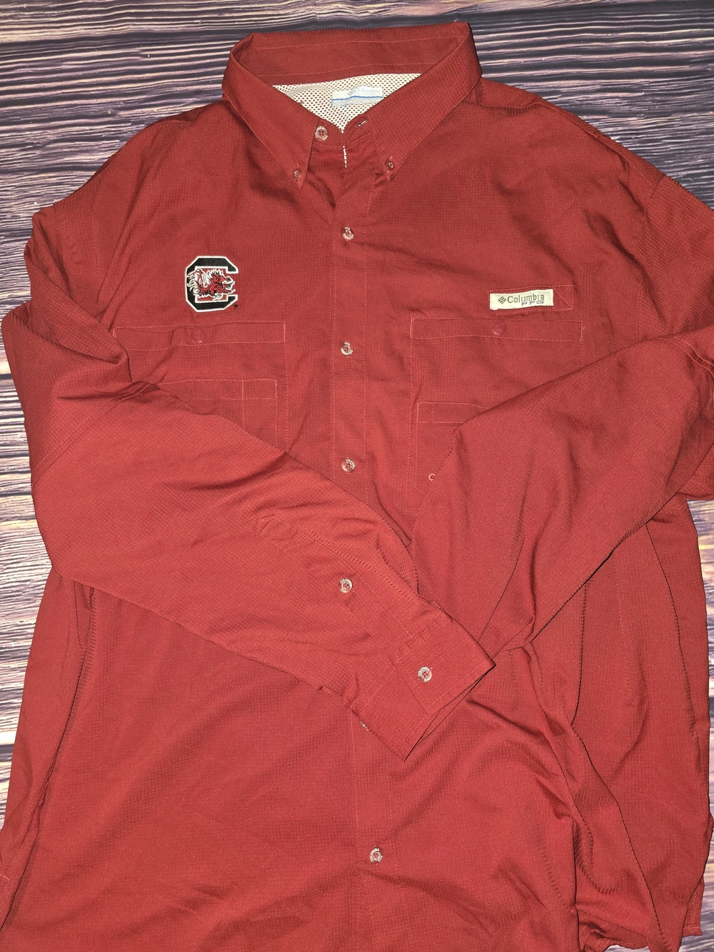 Columbia Men’s South Carolina Red Long-Sleeve Button-Down Shirt with Chest Patch